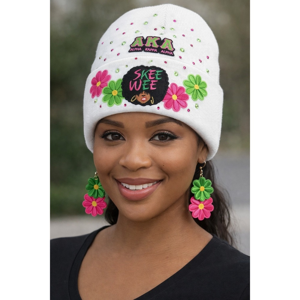 Alpha Kappa Alpha AKA Skee Wee Rhinestone Beanie White Pink Green Sorority Hat